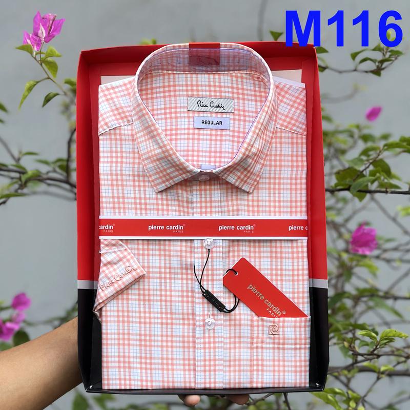 Áo Sơ Mi Pierre Cardin Áo Sơ Mi Ngắn Tay Xanh Lam Kẻ Caro Nhỏ Vải Cotton Cúc Khắc Chữ Mẫu Xuất Hàn 2025