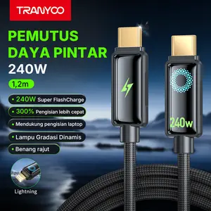TRANYOO Kabel Data cable 240W Type-C ke Type-C Lightning dengan fitur pemutusan daya pintar cocok untuk iPhone Samsung OPPO VIVO Xiaomi POCO realme dan Android Terbuat dari paduan seng panjang kabel 1,2 meter cocok untuk ponsel tablet dan laptop T-CC9