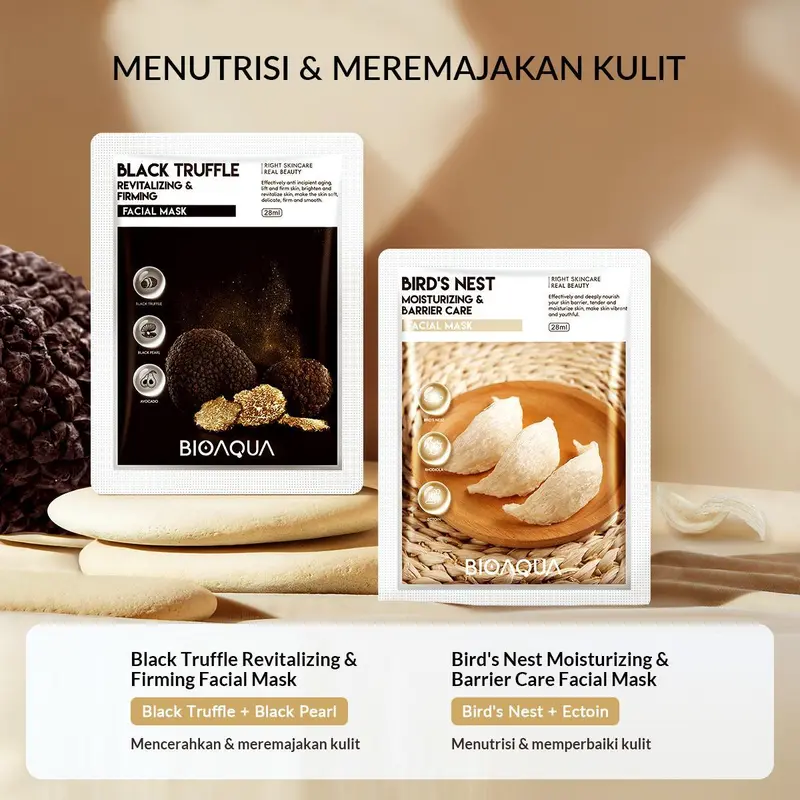 【masker 10pcs set】BIOAQUA Masker Varian Biji Buah/ Cereal Series Facial Mask/Nourishing Series Sheet Masks Pearl / Ginseng / Caviar / Bird's Nest / Black Truffle / Ganoderma Facial Mask 28ml/pcs 6