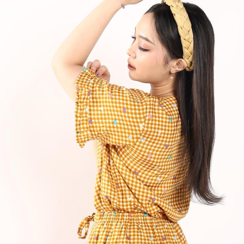 [DasterHitsMalang] One Set Aira Celana Kulot Panjang 7/8 /One Set Kancing Depan/One Set Lengan Rempel/Setelan Wanita Baju Karet Katun Kerah Rayon Motif Atasan Busui Pendek Kotak 1