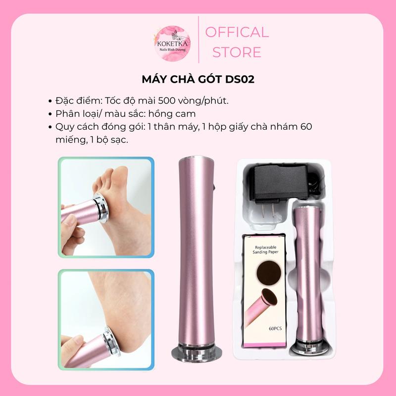   DS02  Máy chà gót chân TÍCH ĐIỆN   Tẩy Tế Bào Chết + với 60 Miếng Nhám Tốc Độ Mài 500 Vòng phút Thiết Kế Kim Loại Không Gỉ 