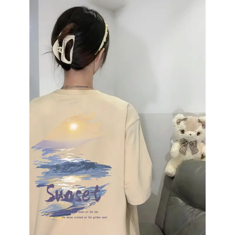 A1217 T-shirt Lengan Pendek Baju Kaos Oversize Wanita Baju |kaus wanita korea Baju Atasan Wanita Terbaru Pencetakan Sunset Cotton 4