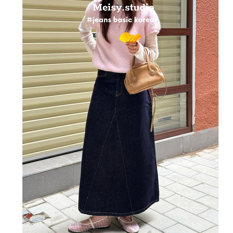  Chân váy Jeans dài Meisy dáng dài màu xanh đậm form dài phong cách Hàn Quốc 