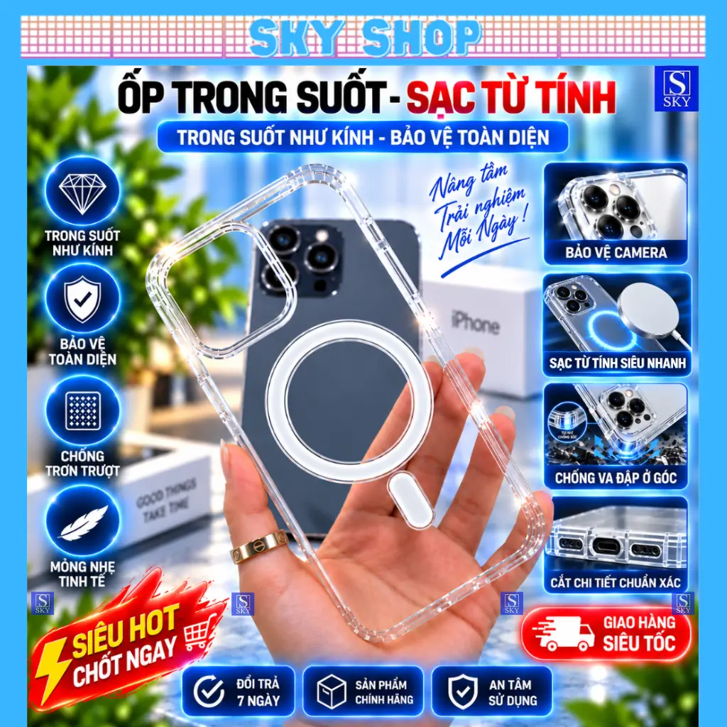 Ốp lưng iPhone trong suốt chống sốc - Hỗ trợ sạc không dây cho iphone 11 pro max 12 pro max 13 pro max 14 pro max 15 pro max 15 plus 16 Pro Max 16 Plus 17 ProMax 17 Air 17 Plus