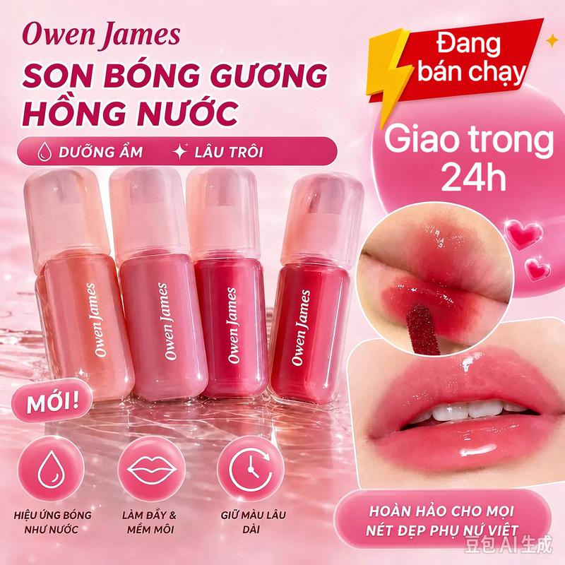 Son bóng môi gương Owen James phiên bản mới, cấp ẩm không khô môi, giữ màu lâu trôi, tạo độ bóng trong veo, nhiều tông màu hồng đẹp, trang điểm hàng ngày