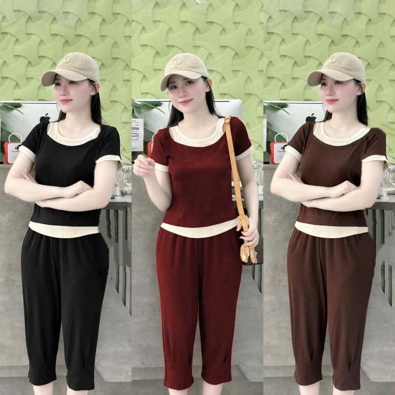  Set Bộ Áo Kiểu Lai Bầu Phối Quần Ngố Chất Thun Gân Co Giãn Thoáng Mát M1979 Size M L XL Phong Cách Thời Trang Thoải Mái 