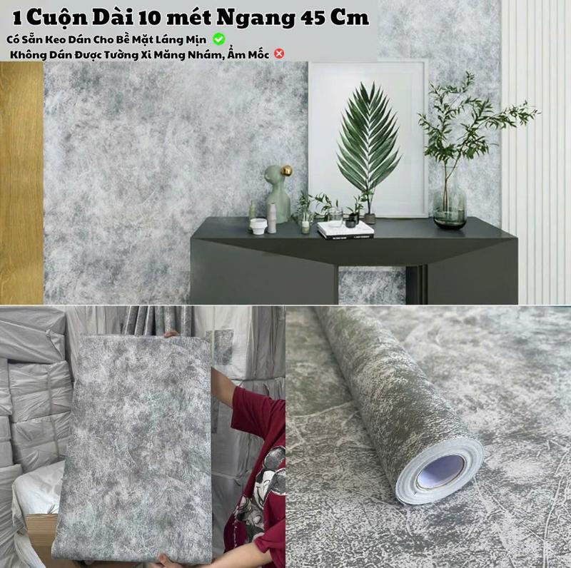 Giấy dán tường màu xi măng bê tông xám cuộn 10x45cm , decal dán tường giả xi măng nhám sẵn keo