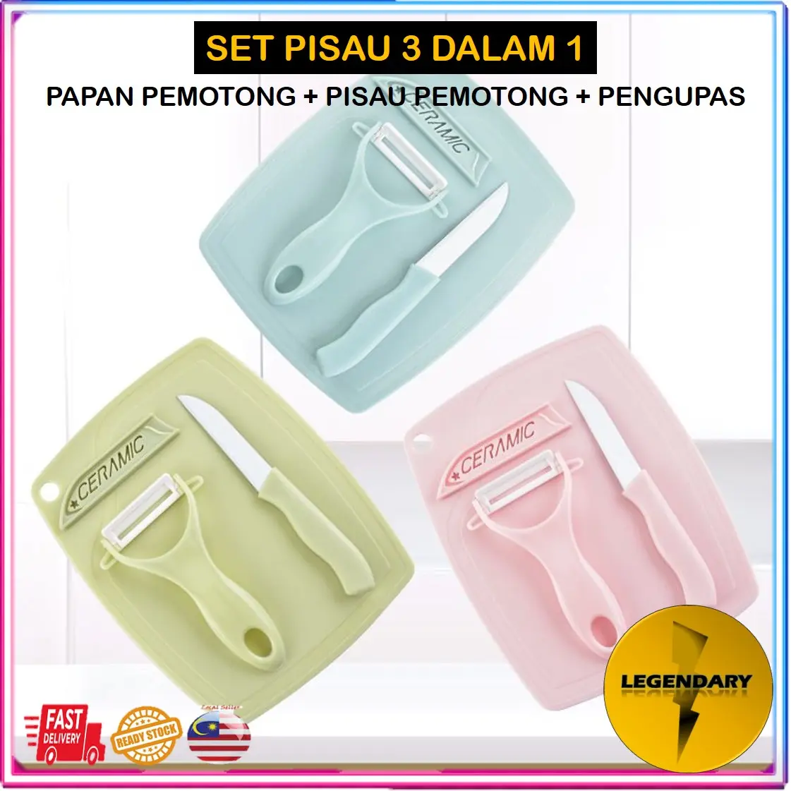 Ceramic & Stainless Steel Knife Set 3 in 1 With Fruit Vegetable Peeler Mini Cutting Board Pisau Set 3 Dalam 1 Pemotong Papan