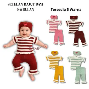 Set Baju Bayi Rajut 3in1 Usia 0–6 & 3-12 Bulan | Atasan + Celana + Headband | Lembut & Elastis