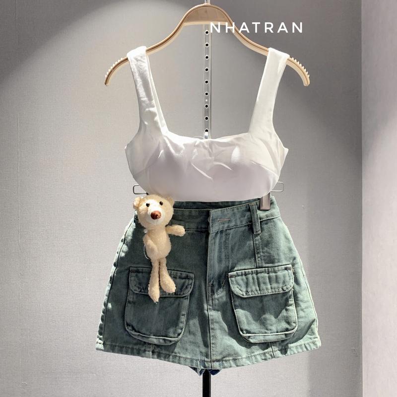 ( Có tách lẻ ) Sét nữ chân váy jean lưng cao túi hộp lót quần trong phối áo dây croptop lót mút MS-VGAU