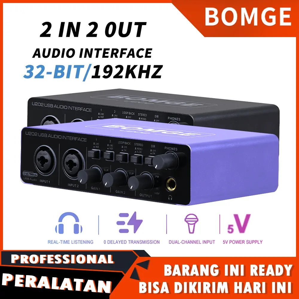 BOMGE U202 Antarmuka Audio USB dengan Mikrofon Preamplifier Port XLR/TSR/TS, Resolusi 48V,32-Bit/192KHz untuk Perekaman Komputer, Streaming, Podcasting