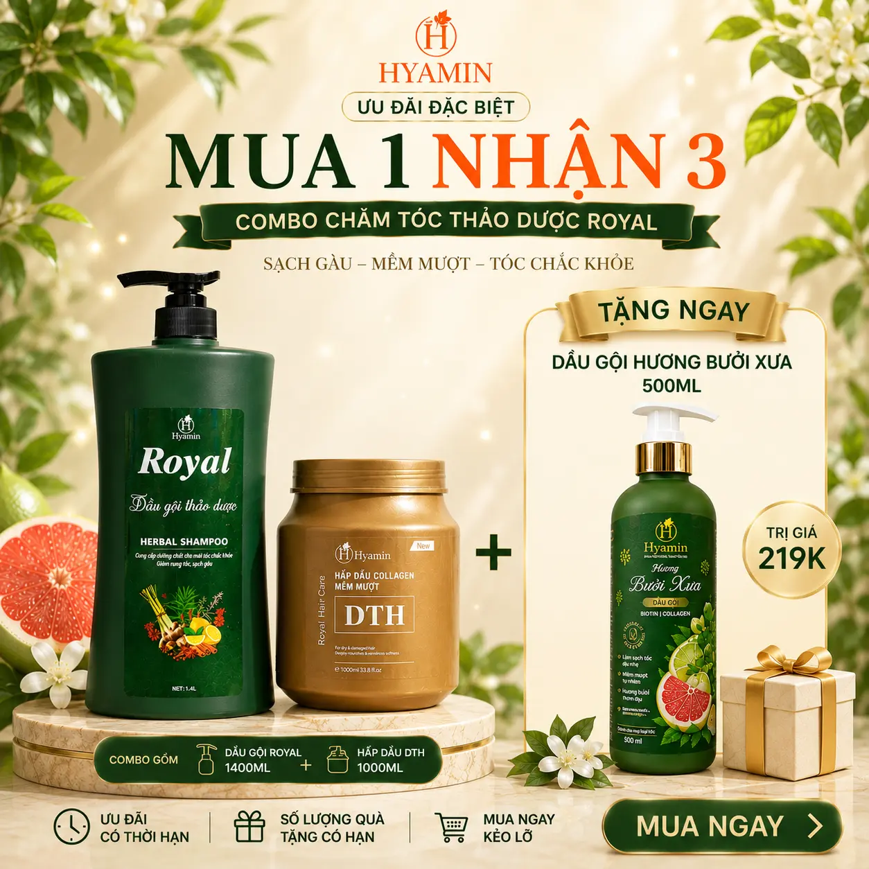 [MUA 1 NHẬN 3] Bộ Sản Phẩm Hyamin Dầu Gội Thảo Dược 1400ML Sạch Gàu Và Kem Ủ Tóc Collagen Hyamin Mềm Mượt 1000ML