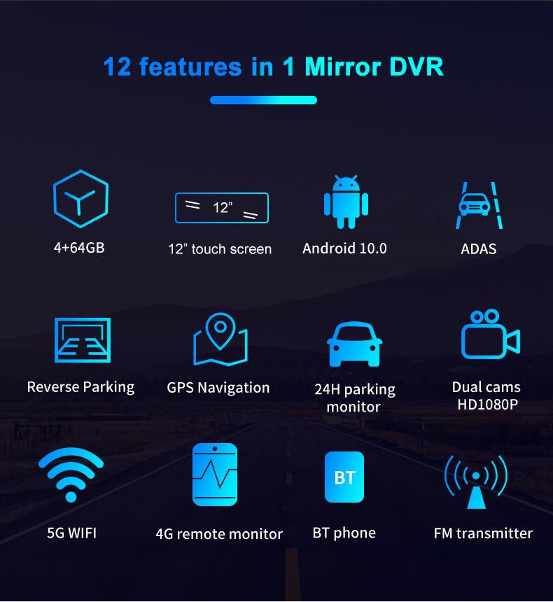 Product Introduction of V8 4+64G Wireless Carplay & Android Auto 12"  Rearview Mirror ADAS Support North American 4G Car Black Box DVR Dashcam 14