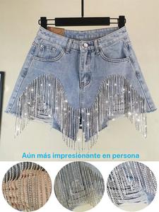 Shorts de mezclilla para mujer con decoración de flecos y pedrería súper brillantes, estilo casual con bolsillos, ideales para uso diario al aire libre, prendas inferiores para todas las estaciones