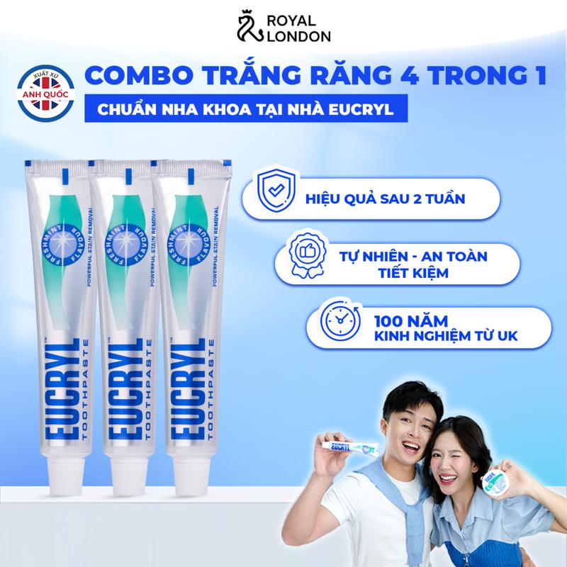 Combo 3 Kem Đánh Răng Bạc Hà Tẩy Trắng Eucryl Toothpaste 62G