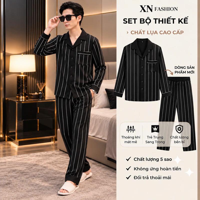 Bộ Ngủ Pijama Nam XN_Fashion Thiết Kế KẺ SỌC Chất Lụa Cao Cấp Nhung