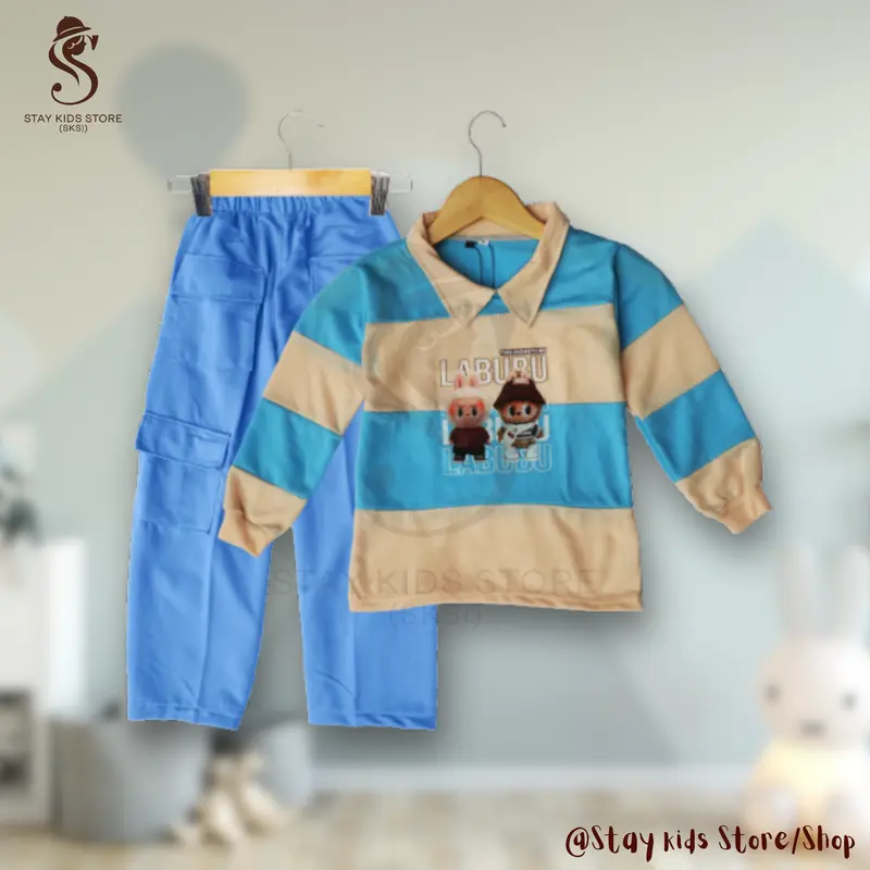 Stelan Anak Perempuan labubu viral 2025| Baju anak kekinian 3-12 tahun | kaos salur berkerah lengan panjang, Celana Motif Kargo crop one set | Pakaian lucu motif bergaris fasionable, santai dan nyaman, otfit labubu celana cargo modis | Fashion anak trendy 6