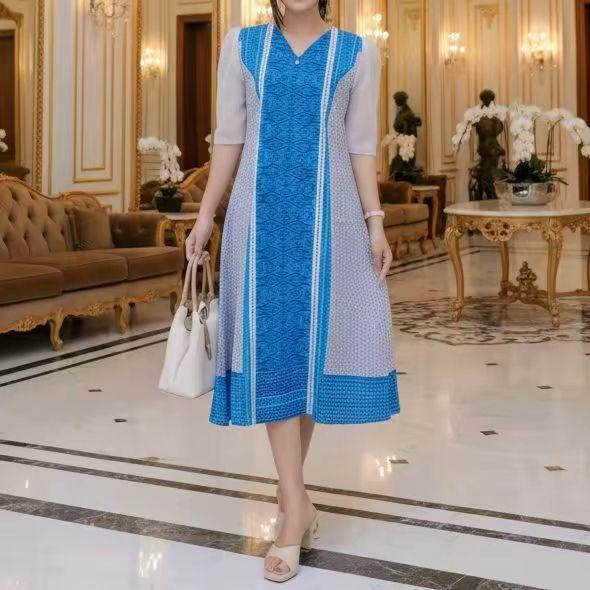 dress wanita bahan katun tebal motif etnik mewah