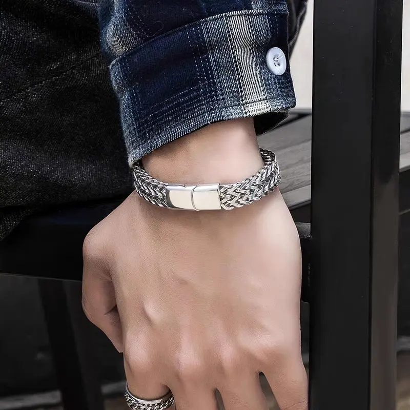Gelang Titanium Rantai Anyam Anti Karat Anti Luntur - Model Unik (10mm x 5mm x 20cm) Aksesoris Bracelets 5