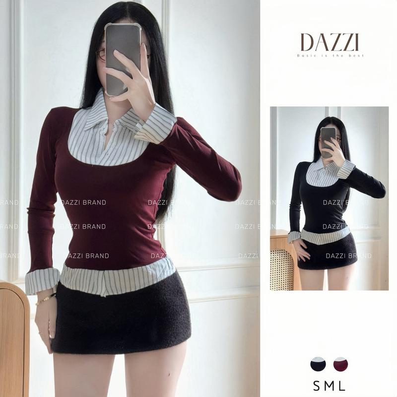 MỞ BÁN Áo thun nữ tay dài phối sơ mi sọc thiết kế ôm dáng chất cotton dày DAZZI Women A068TD
