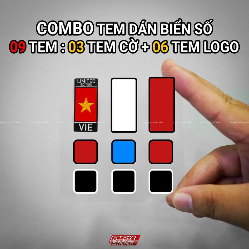 Combo Tem Dán Biển Số Xe Máy 09 Tem bao gồm : 3 Tem Cờ + 6 Tem Logo | Chất liệu UV DTF mực in nổi chống nước dán đa dạng bề mặt vật liệu.
