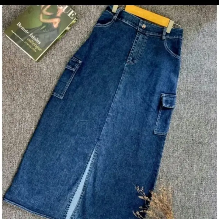 Rok Jeans Cargo Belah Depan Korean Style Melar Variasi Kantong Samping - Wanita Panjang 1
