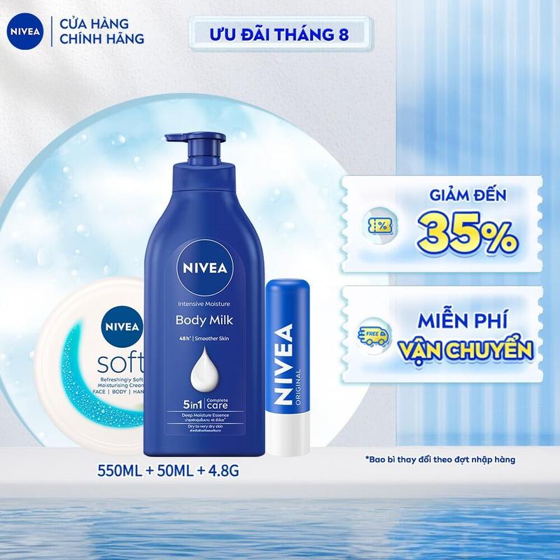 Bộ 03 SP Sữa Dưỡng Thể NIVEA Dưỡng Ẩm Chuyên Sâu 48H | Thấm Nhanh (550 ml) - 98943 + Kem Dưỡng Làm Mềm Da NIVEA Soft Crème (50ml) - 89054 + Son Dưỡng Chuyên Sâu NIVEA Original Care (4.8 g) - 85061 Nữ Dưỡng Body
