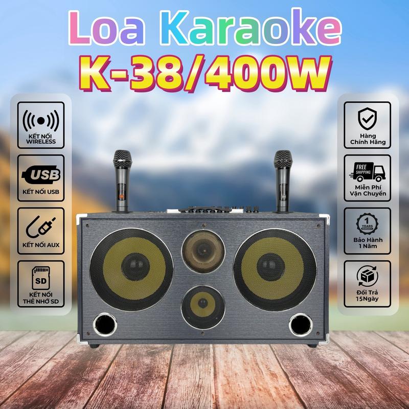 JK-K38 400W Loa Karaoke Di Động Nghe Nhạc Xách Tay Bluetooth, Bass 20cm x 2, Mid x 1, Treble x 1, 2 Micro không dây, Bảo Hành Chính Hãng 12 tháng