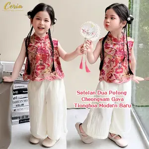 Ceria-Setelan Musim Panas Anak Perempuan / Set Dua Potong Cheongsam Gaya Baru / Atasan Tanpa Lengan Bergaya Tiongkok dengan Celana Kaki Lebar