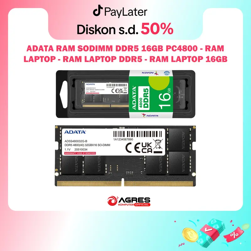 ADATA RAM SODIMM DDR5 16GB PC4800 - RAM LAPTOP - RAM LAPTOP DDR5 - RAM LAPTOP 16GB - RAM LAPTOP 4800MHZ 0