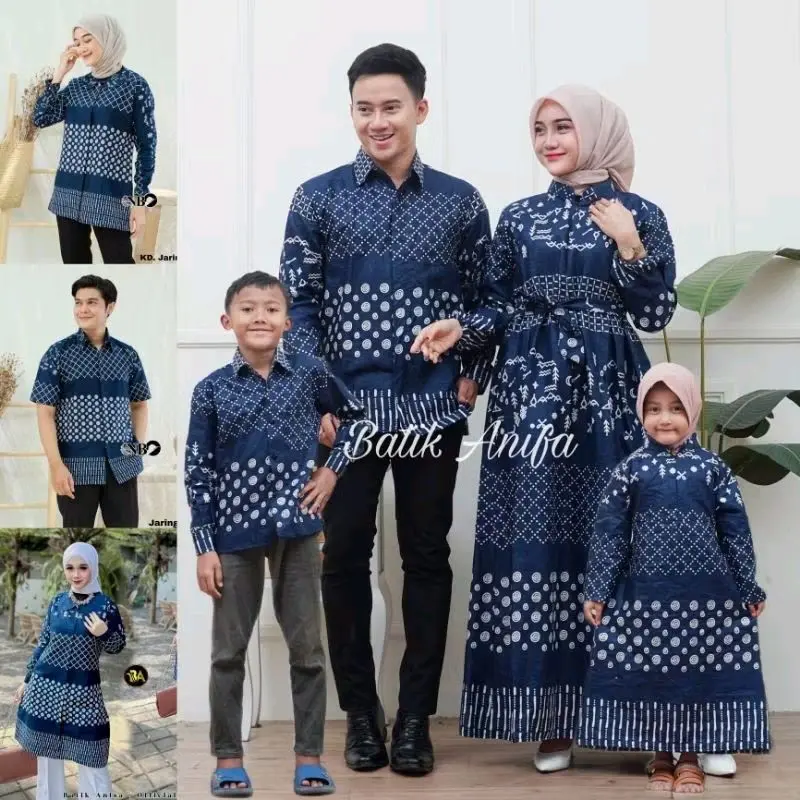 Baju Batik Couple Pasangan Keluarga Lebaran 2025 Motif Jaring Navy Matt Katun Premium 0