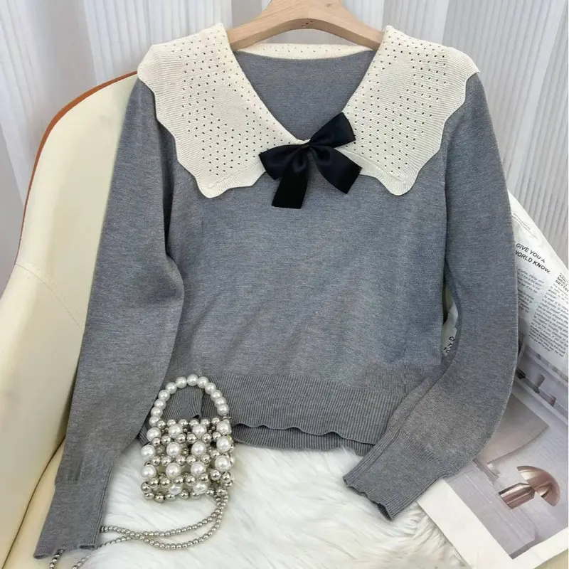 GS - Blouse Rajut Kerah Sailor Variasi Pita Lucu | Baju Lengan Panjang Pakaian Wanita Korean Fashion | Polos Kerah baby Kerah Korea | Rajutwear Knit wear 2