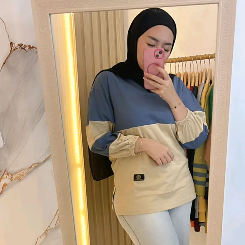 Ayessa Shop T-shirt Atasan Kaos Wanita Lengan Panjang Kerut Kombinasi Bahan katun Combeds nyaman enak dipakai 4
