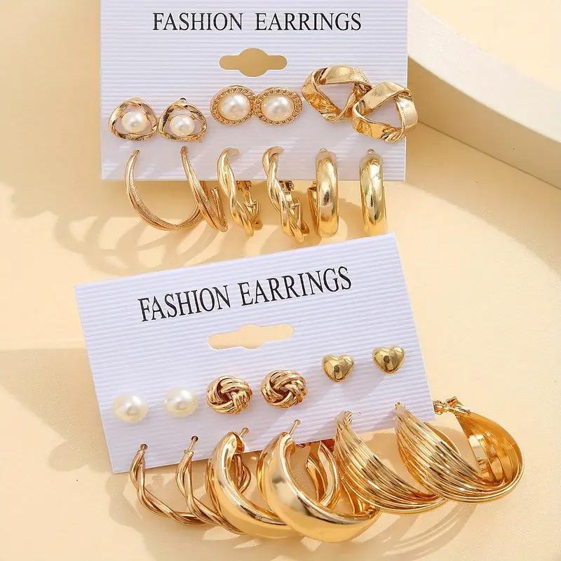 Anting-anting Mutiara Geometris Emas Retro 12 Pasangan Populer Set - Anting-anting Hadiah Grosir Seluk Kepala Muslim Wanita
