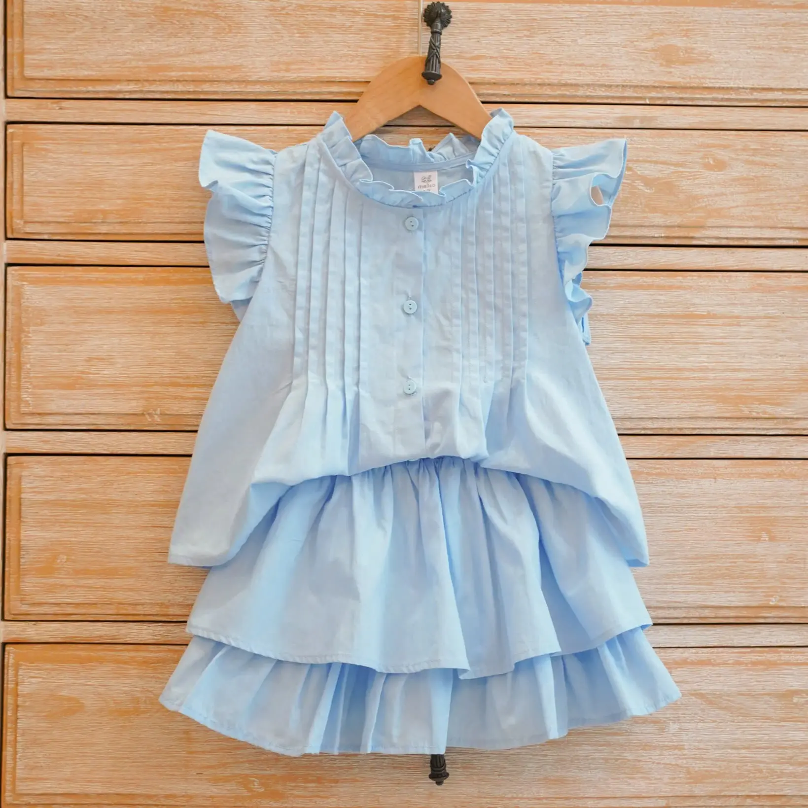Mã S15: (20kg - 50kg) Set áo cổ và tay bèo chất cotton kèm chân váy chất cotton lạnh 2 tầng cho bé gái