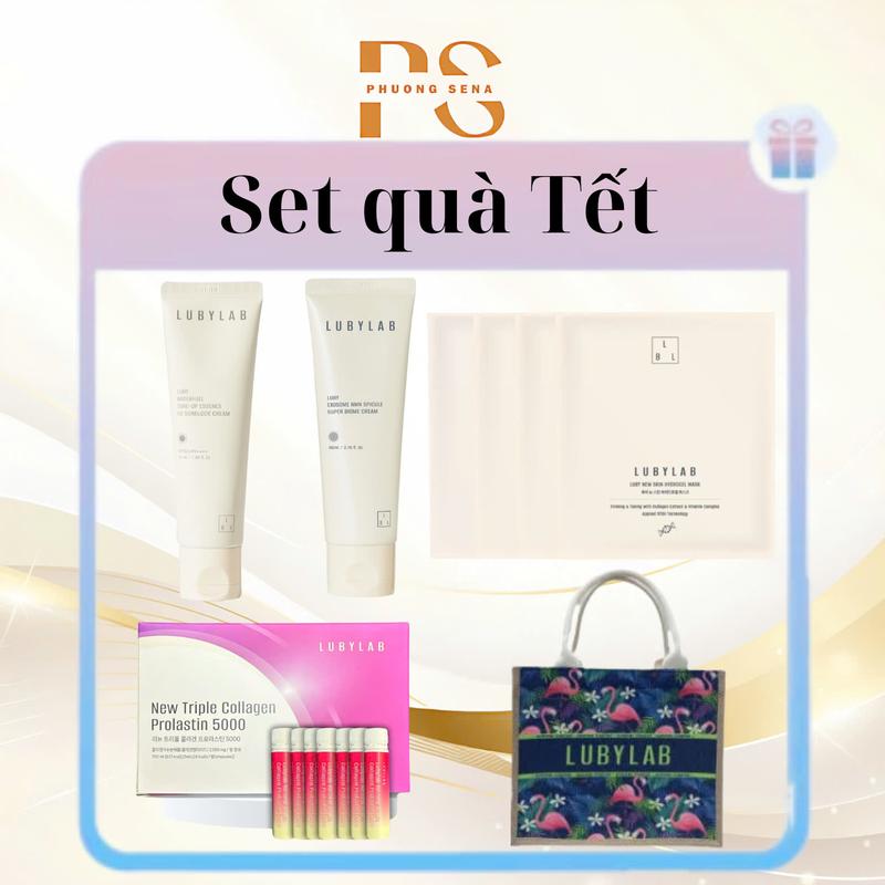 (66)   SN1521 - Set Qùa tết LUBYLAB : 4 miếng mặt nạ thạch Lubylab + 1 tuýp kem chống nắng Lubylab + 7 chai collagen lubylab + kem NMN exosome Lubylab + 1 túi xách Lubylab