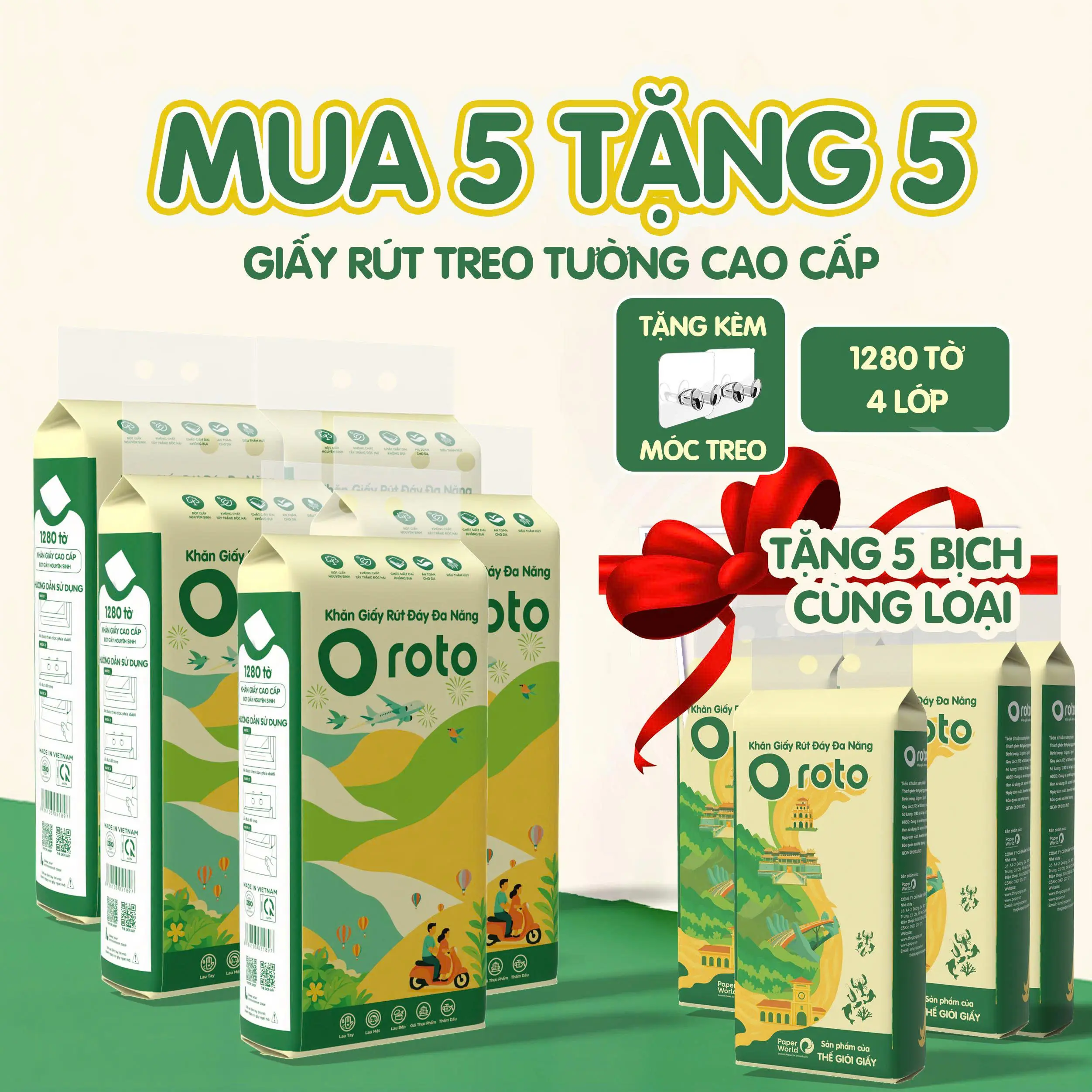 [ MUA 5 TẶNG 5] Khăn giấy Roto - Khăn giấy đa năng cao cấp Roto rút treo tuờng 4 lớp cao cấp 1280 tờ, bột giấy nguyên sinh | Thế Giới Giấy