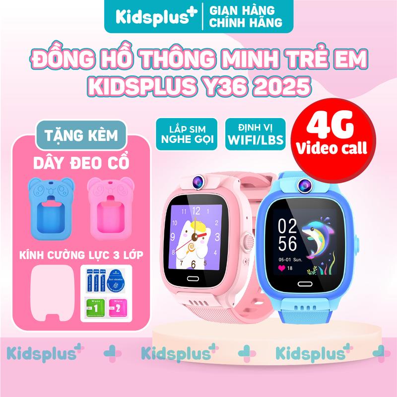 TẶNG DÂY ĐEO CỔ - KÍNH CƯỜNG LỰC 3 LỚP Đồng hồ thông minh định vị trẻ em KidsPlus Y36 4G 2026 nghe gọi video 4G định vị tiếng việt
