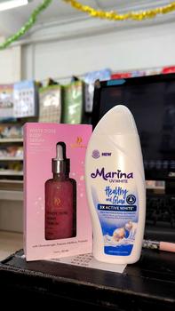 Product Review of PAKET MENCERAHKAN BADAN MARINA UV WHITE HEALTHY AND GLOW DAN HOUSE OF BEAUTY WHITE DOSE BODY SERUM 50 ML NEW YOUTH SKIN REVOLUTION Lotion Tubuh Pencerah from L**a 1