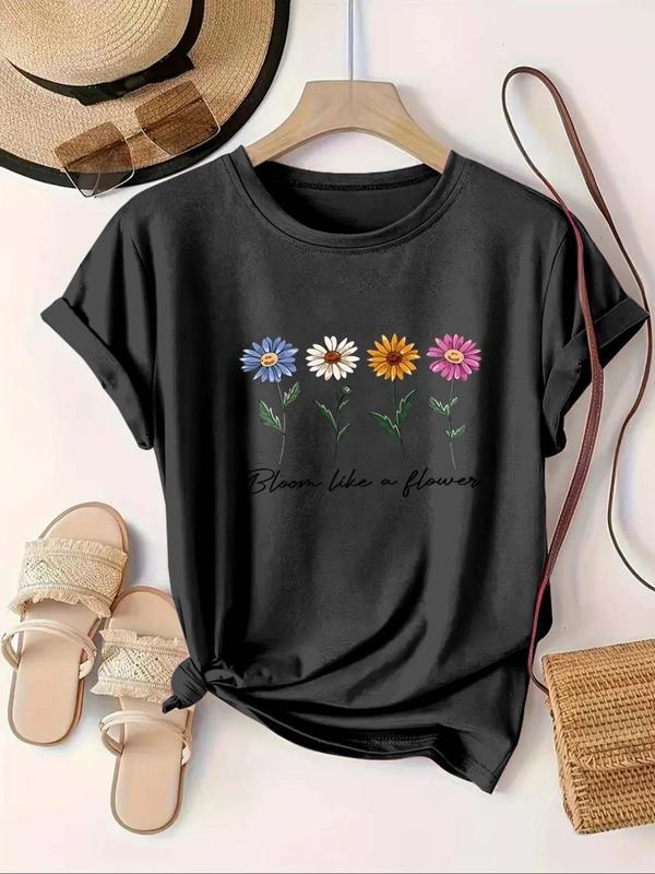 【Plus Size】 Daisy Print Round Neck Tee, Casual Short Sleeve Crew Neck T-Shirt for Summer, Women's Plus Clothing for Daily Wear, Top 4