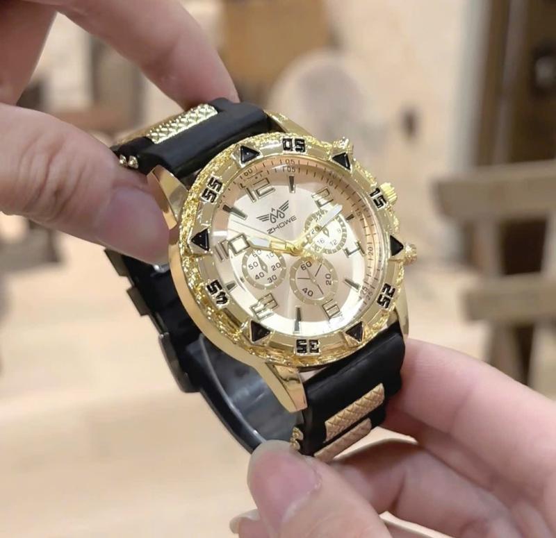  Đồng Hồ Nam Zhowe  Mặt Viền Khắc Số Vàng - Chống Nước & Chống Xước - Dây Cao Su 4 Nút Trang Trí Sang Trọng 