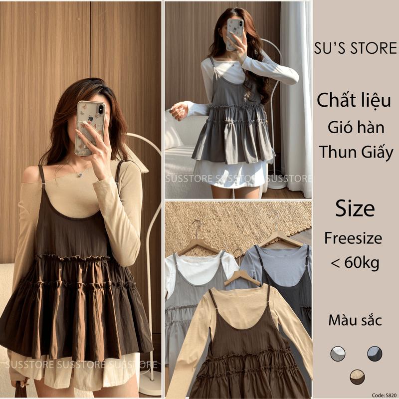 Set Yếm 2 Dây Gió Hàn Bèo Tầng Kèm Áo Thun Giấy S820 Susstore Thời Trang Nữ