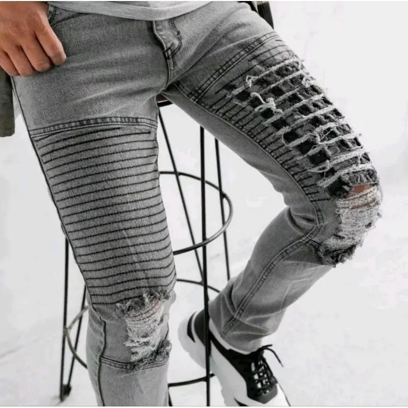 Celana Jeans Sobek Biker Keren Hitam Pria Cowok Slim fit Ripped Skinny Stretch Low Waist Denim Standar Size 28-38 Dewasa Panjang Melar Nyaman Soft Grey Lembut Tebal