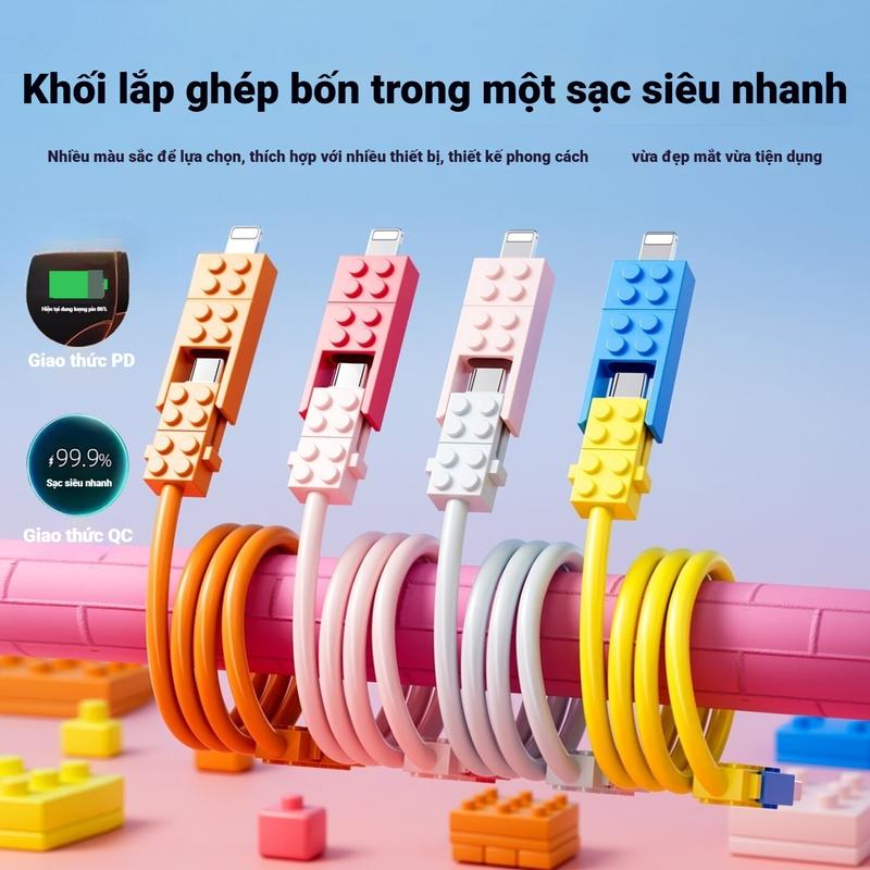 Cáp sạc nhanh 4 trong 1 hình khối xếp chồng, cáp sạc silicone công suất 100W, tương thích iPhone, Huawei, Android, Xiaomi, OPPO và vivo, cáp truyền dữ liệu, cáp sạc thiết kế sáng tạo dễ thương hình khối xếp chồng.