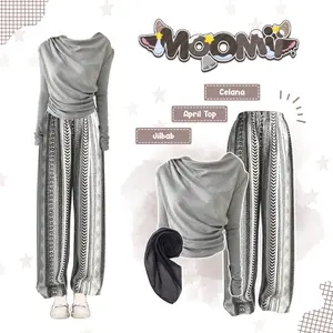 Casual Daily Outfit Cewek (April Top Abu, Celana Hommy Ghani Tribal, Jilbab Bella) Monochrome - AV04