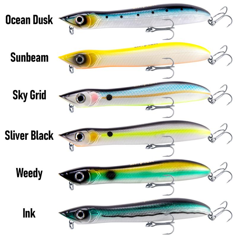 thumbnail image 2 of Potatoshop Topwater Popper 5.5" 1.4oz – Saltwater Plug With VMC Treble Hooks – Purple/Green/Black 2 of 2