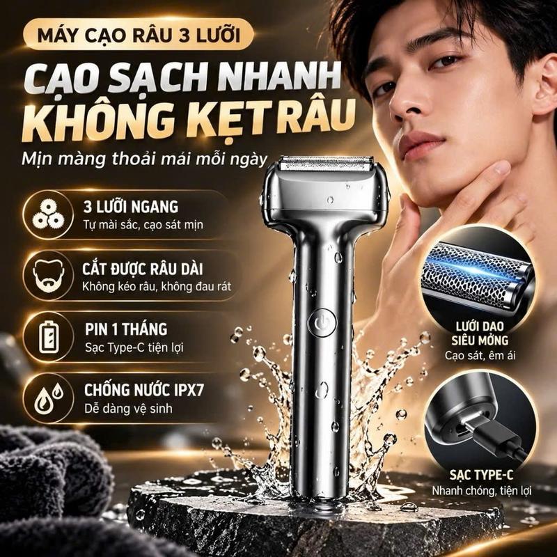 Máy Cạo Râu Điện T9 - 3 Cụm Lưỡi Cạo - Cạo Ướt Và Khô Sạch Sẽ Không Gây Rát - Sạc Nhanh Type-C