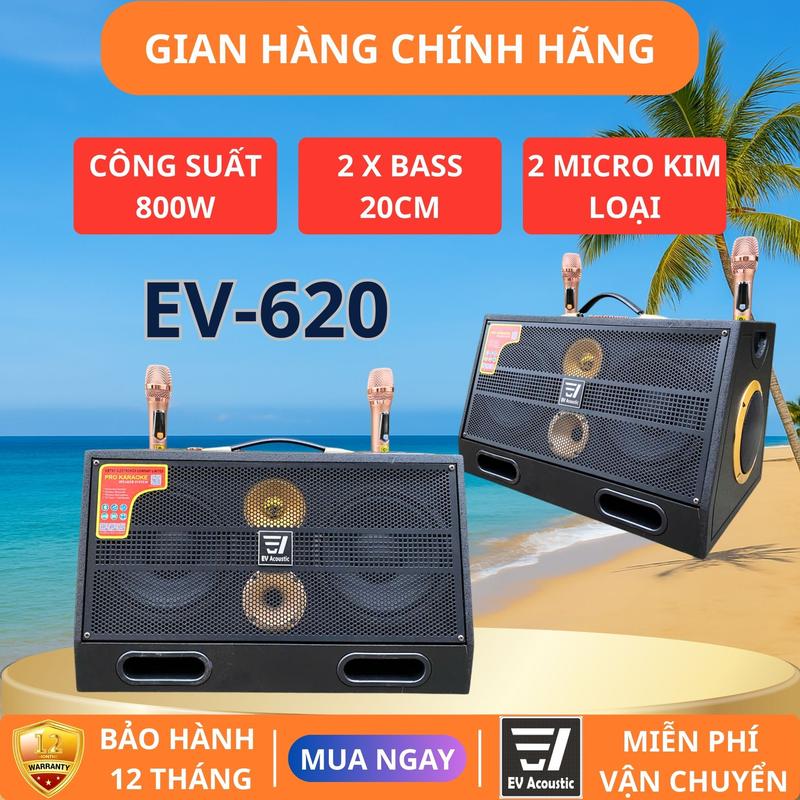 Loa Karaoke Xách Tay EV-620 | Công Suất 800W | 2 Bass 20cm | Sơn Sần Cao Cấp | Bluetooth 5.0 | Micro Không Dây