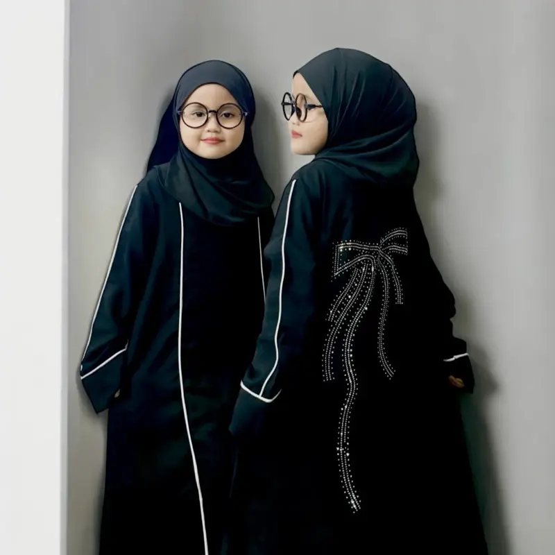 Abaya Anak List Pita Jetblack Kiara 4-12 Tahun -  Gamis Muslim Hitam Jetblack anak perempuan Variasi Putih Dress Tanggung 1