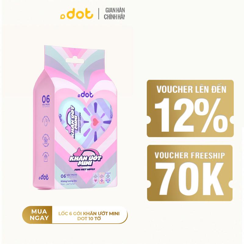 Lốc 6 gói khăn ướt mini Dot 10 tờ không mùi, khăn giấy ướt nhỏ gọn tiện lợi